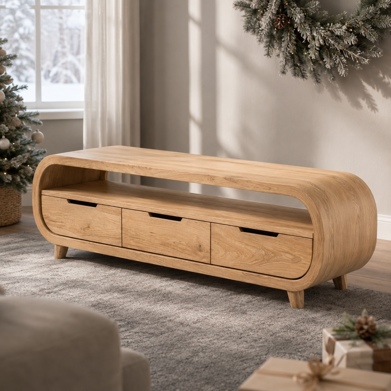 Rondel Rounded Frame Solid Wood TV Console With Drawers For Living Room