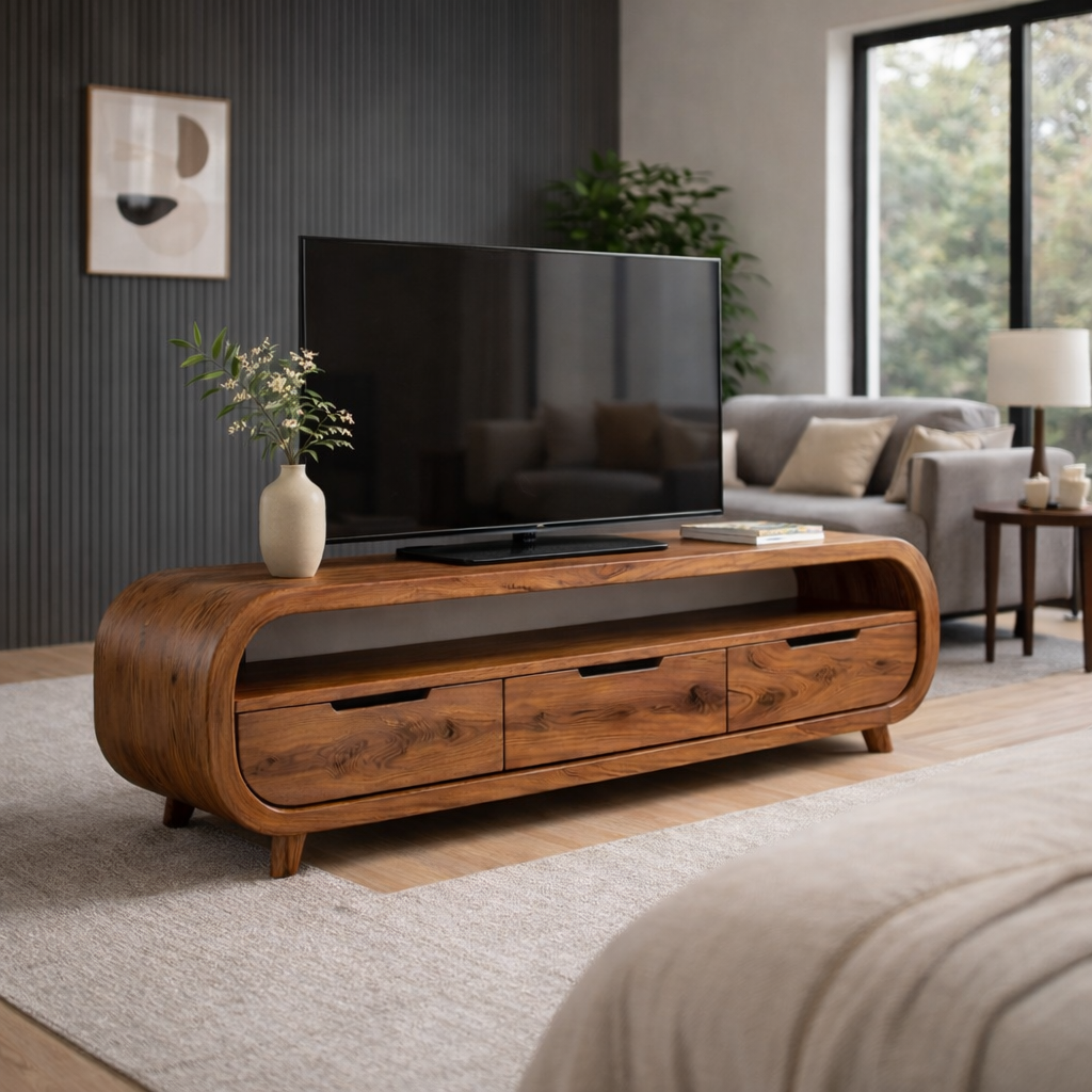Handcrafted Solid Wood TV Stand With Rounded Frame And Drawers