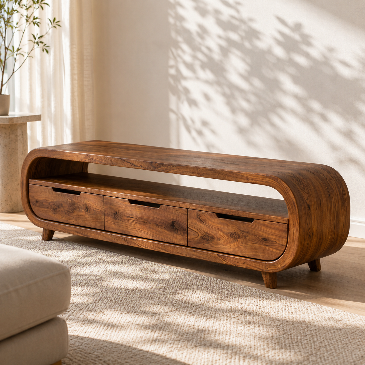 Rondel Rounded Frame Solid Wood TV Console With Drawers For Living Room