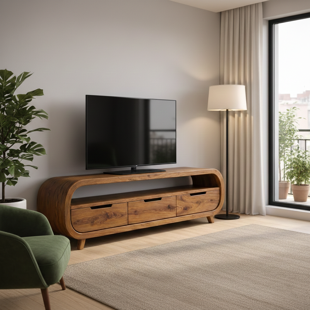 Handcrafted Solid Wood TV Stand With Rounded Frame And Drawers