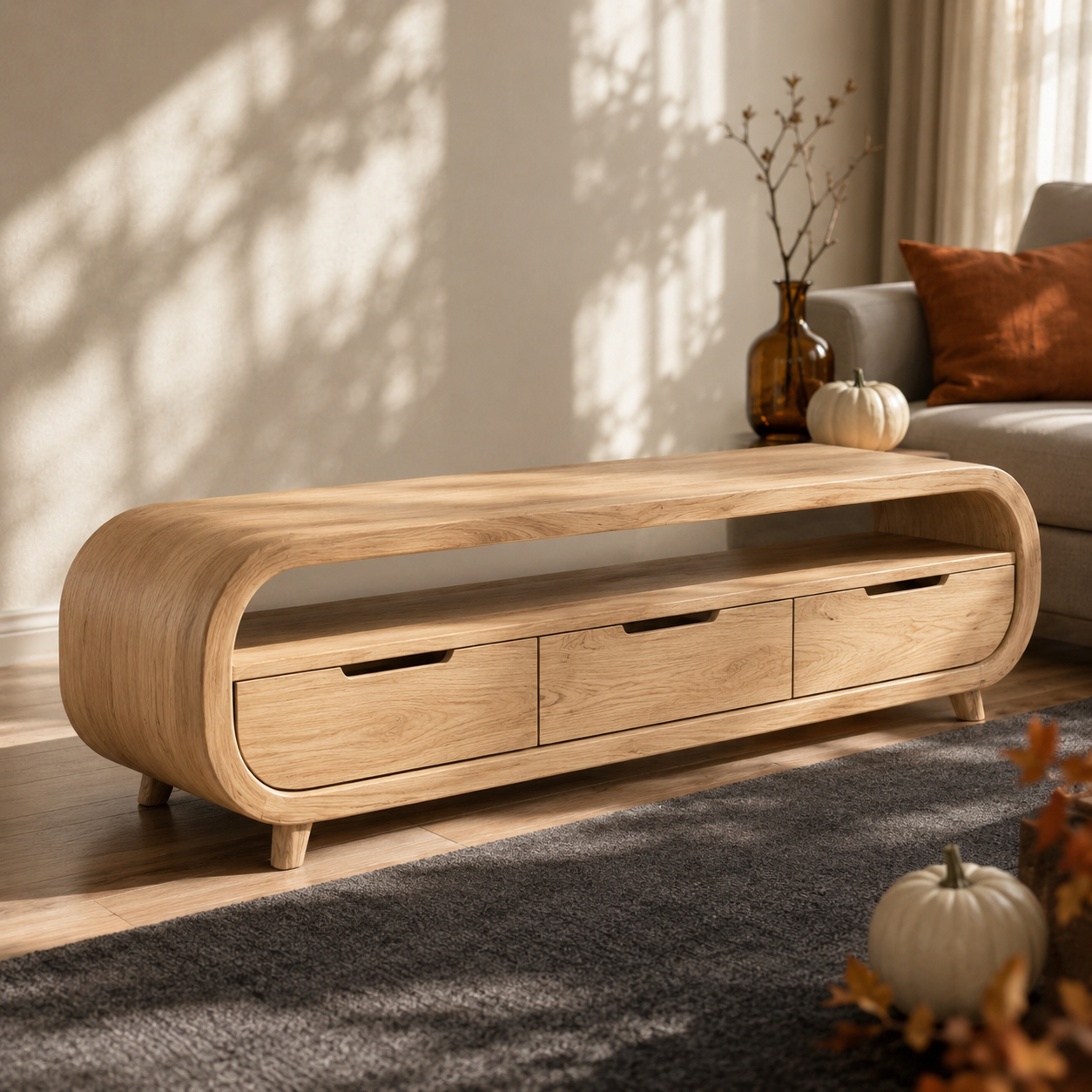 Rondel Rounded Frame Solid Wood TV Console With Drawers For Living Room