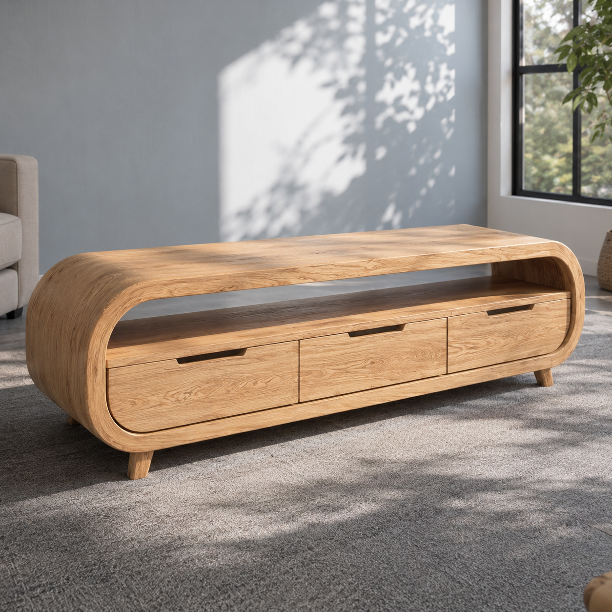 Rondel Rounded Frame Solid Wood TV Console With Drawers For Living Room