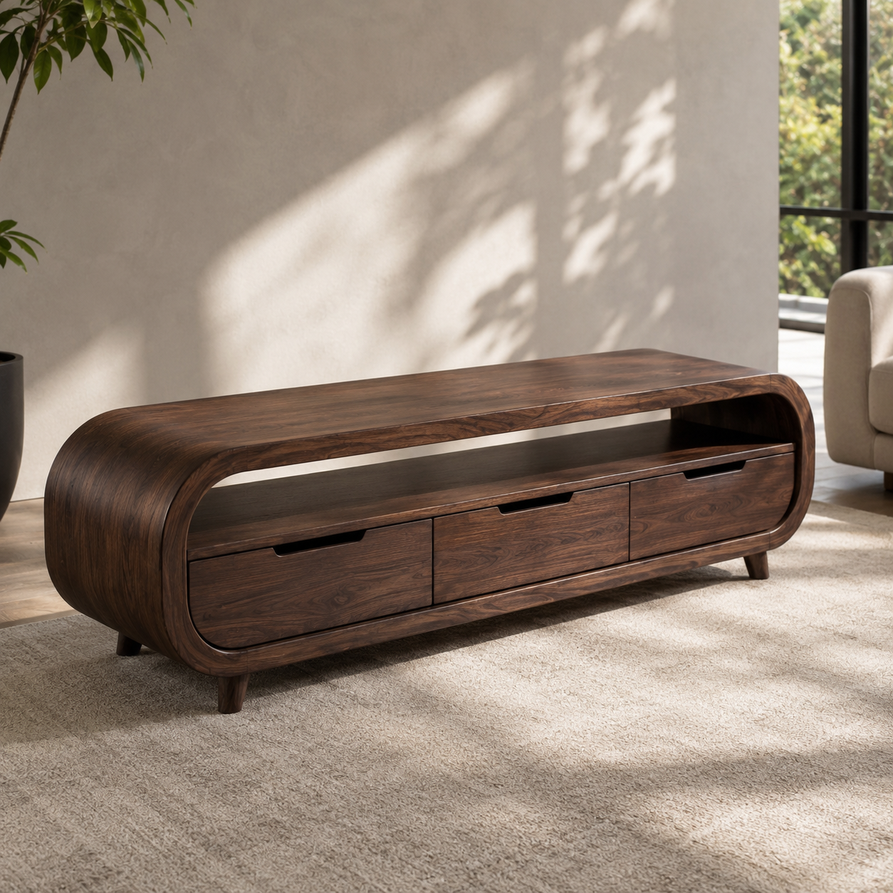 Rondel Rounded Frame Solid Wood TV Console With Drawers For Living Room