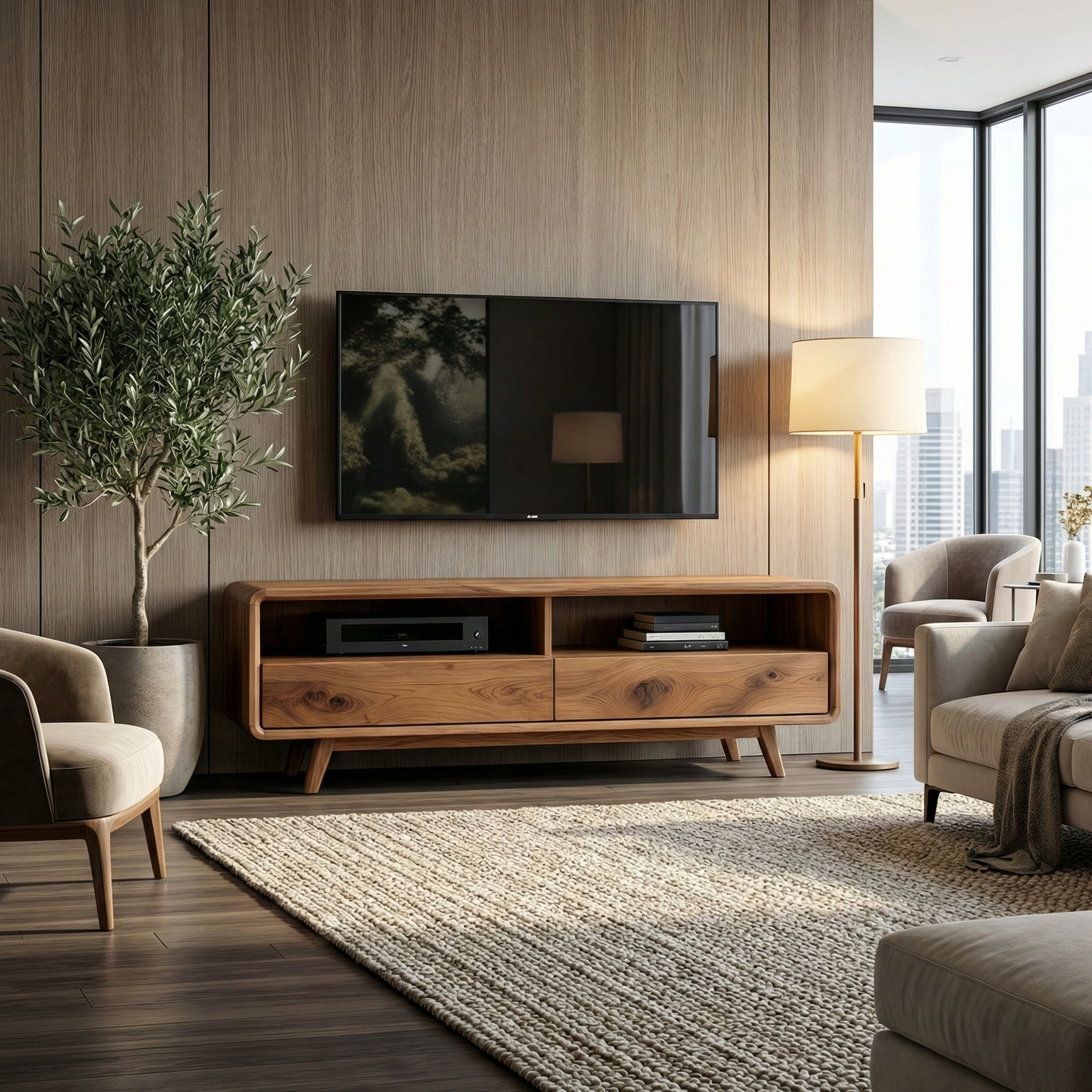 Handcrafted Solid Wood TV Stand With Rounded Frame Design