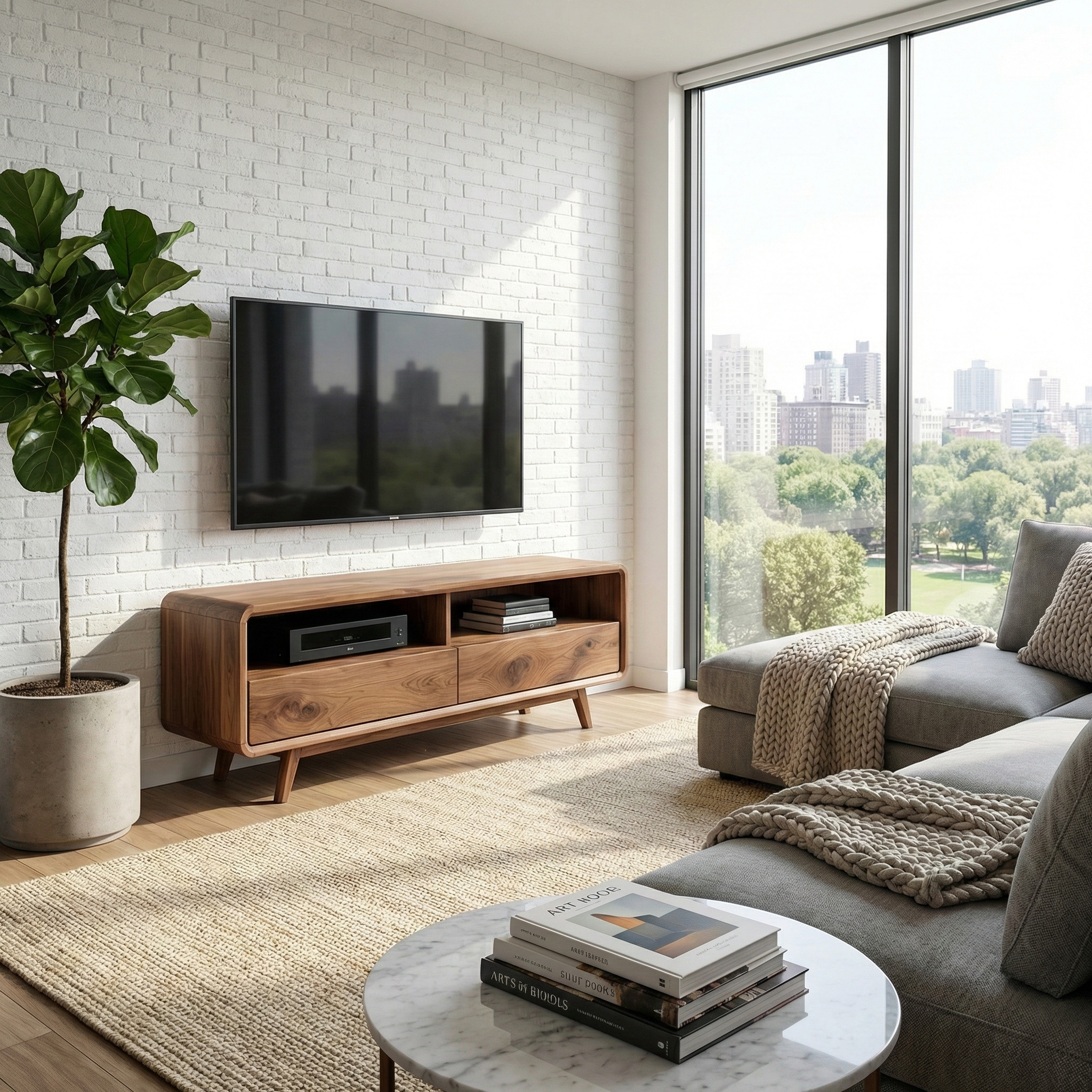 Handcrafted Solid Wood TV Stand With Rounded Frame Design