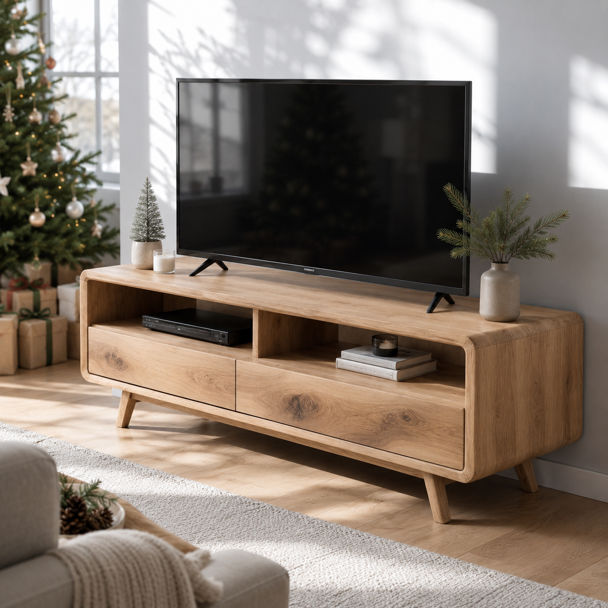 Rondel Rounded Frame Solid Wood TV Stand For Living Room