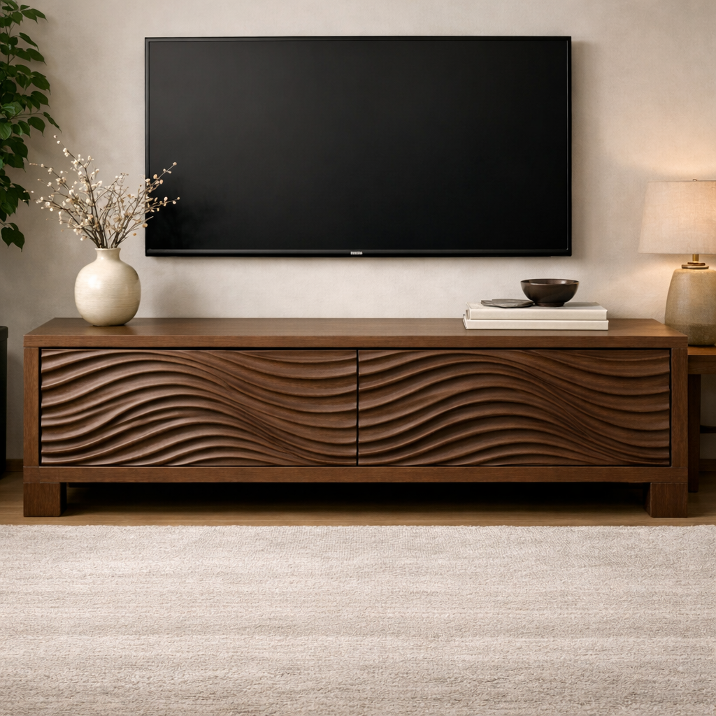 Handcrafted Solid Wood TV Stand With Sculpted Ripple Front Cabinet