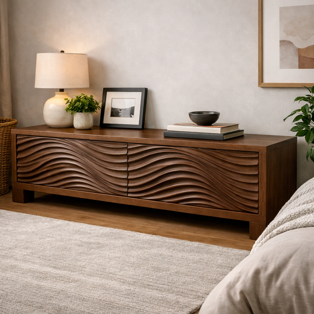 Handcrafted Solid Wood TV Stand With Sculpted Ripple Front Cabinet