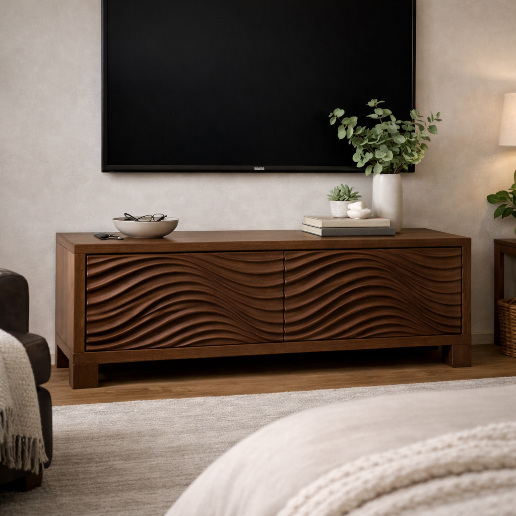 Handcrafted Solid Wood TV Stand With Sculpted Ripple Front Cabinet