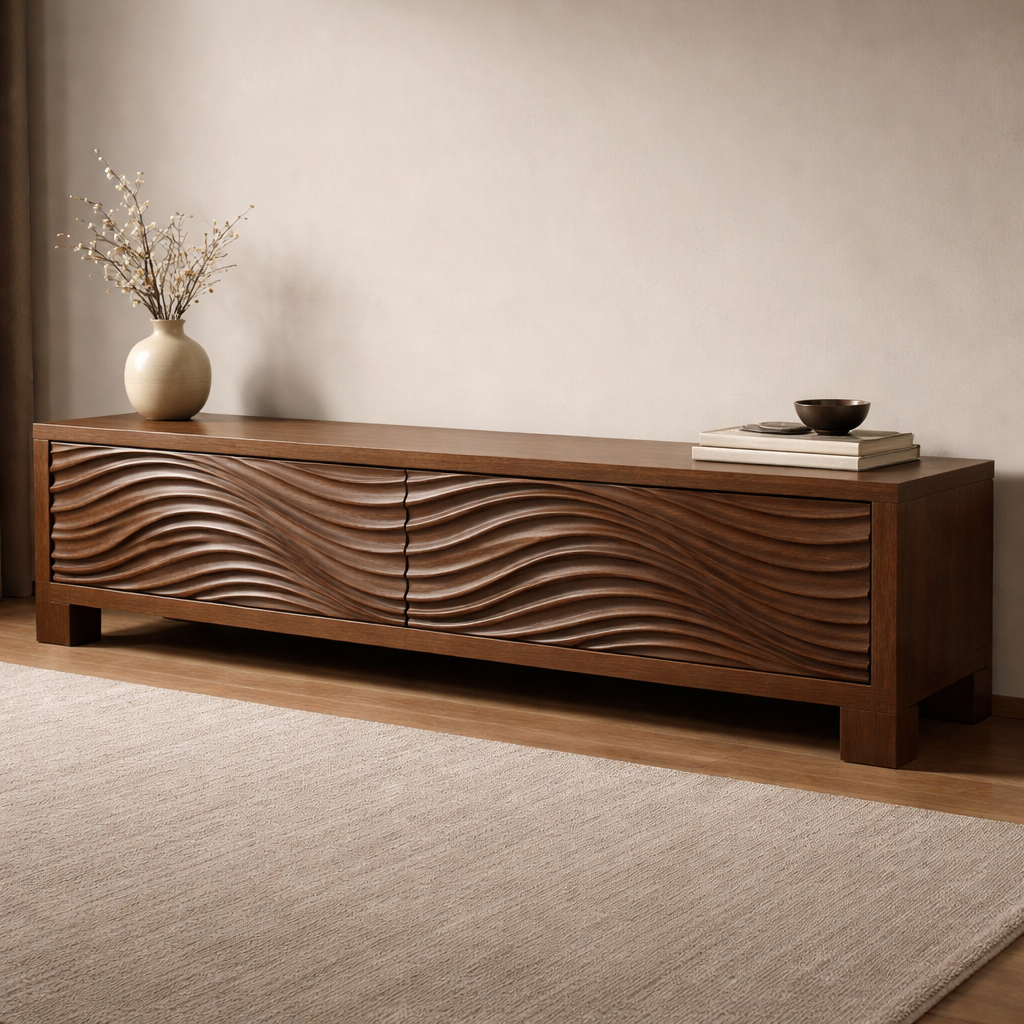 Handcrafted Solid Wood TV Stand With Sculpted Ripple Front Cabinet