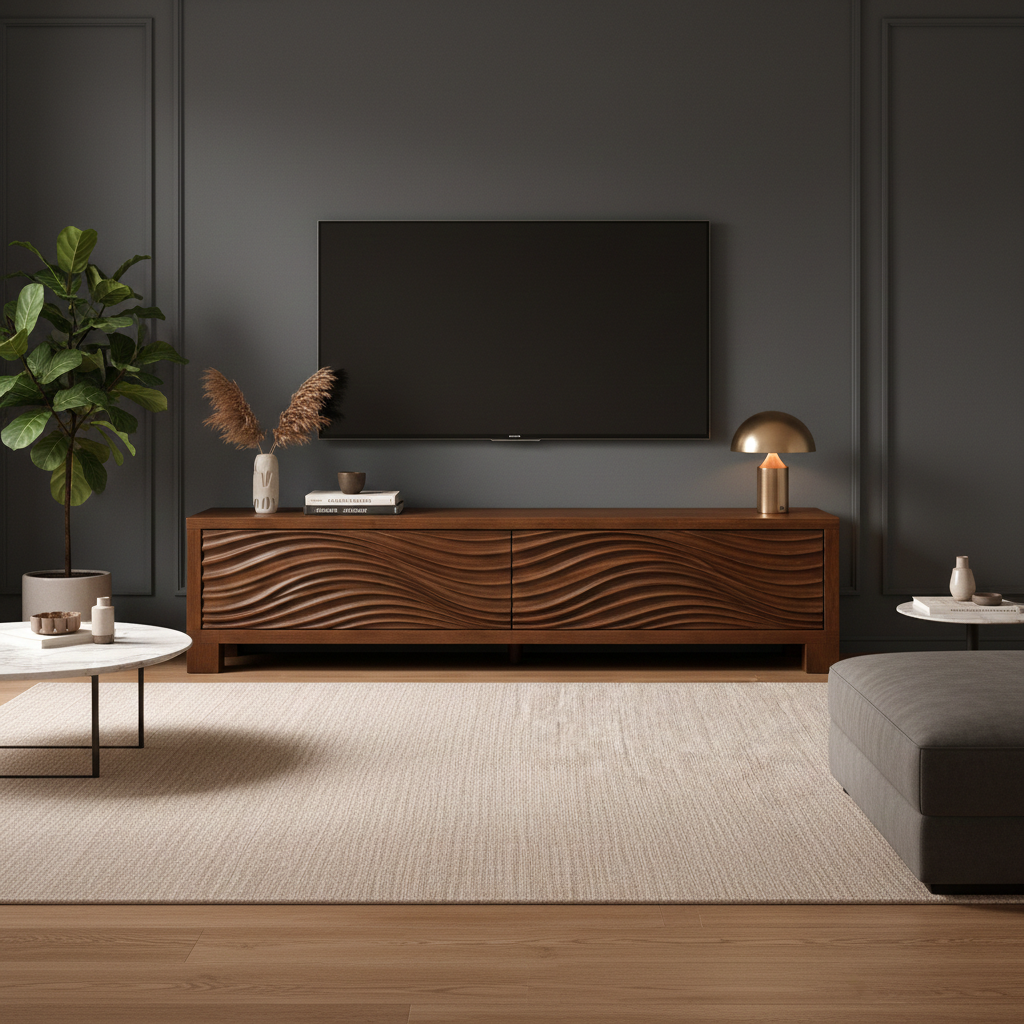 Handcrafted Solid Wood TV Stand With Sculpted Ripple Front Cabinet