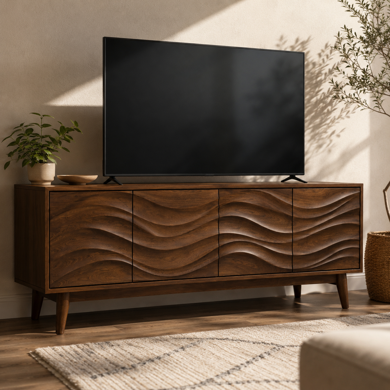 Corvane Sculpted Front Solid Wood TV Stand For Living Room