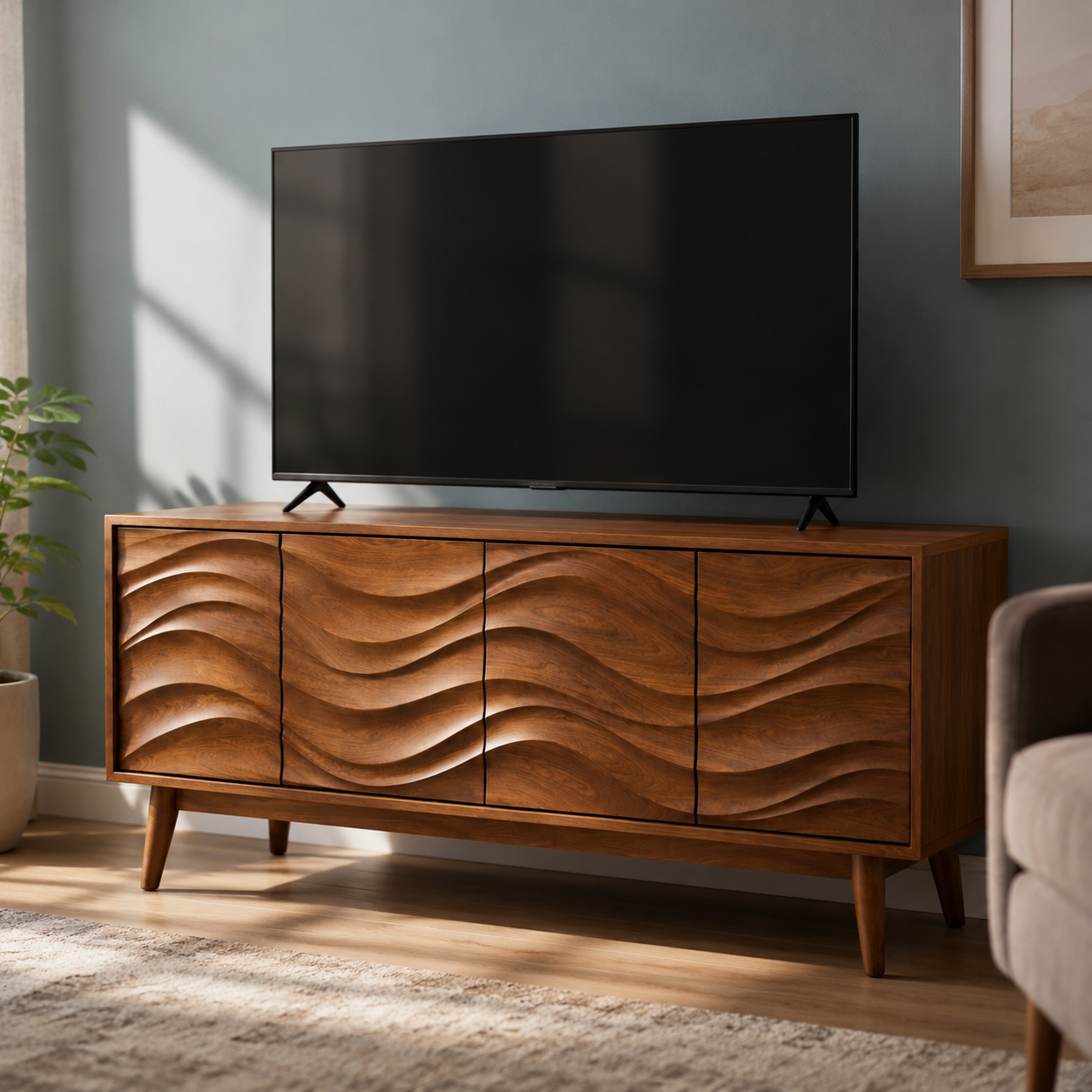 Corvane Sculpted Front Solid Wood TV Stand For Living Room