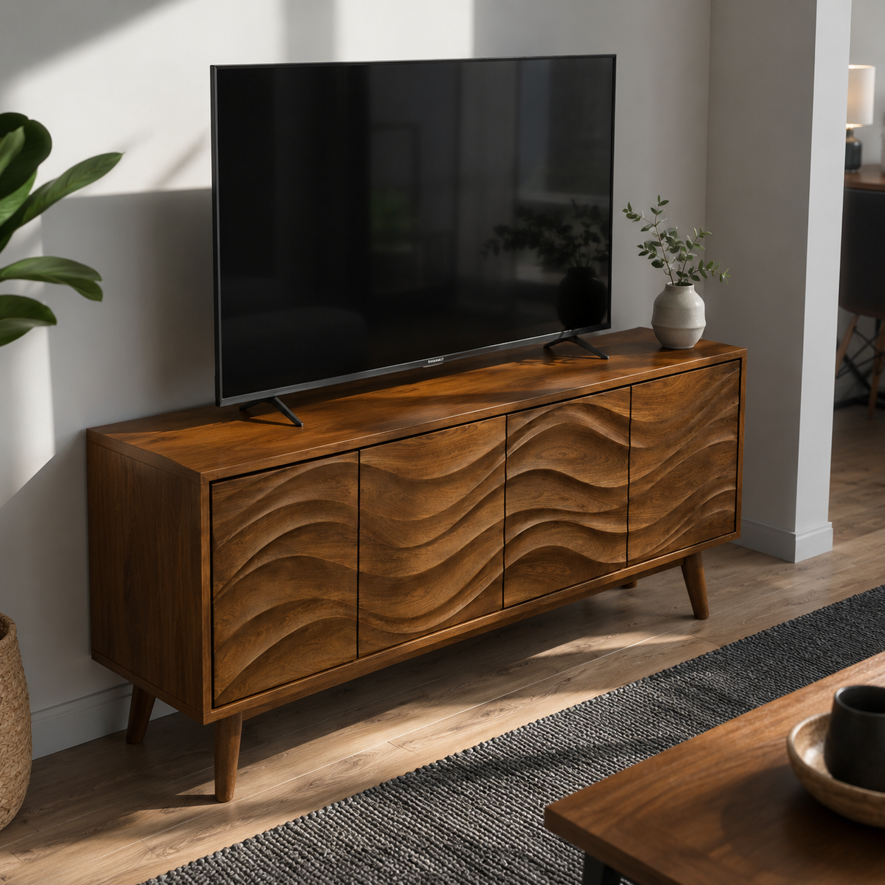 Corvane Sculpted Front Solid Wood TV Stand For Living Room