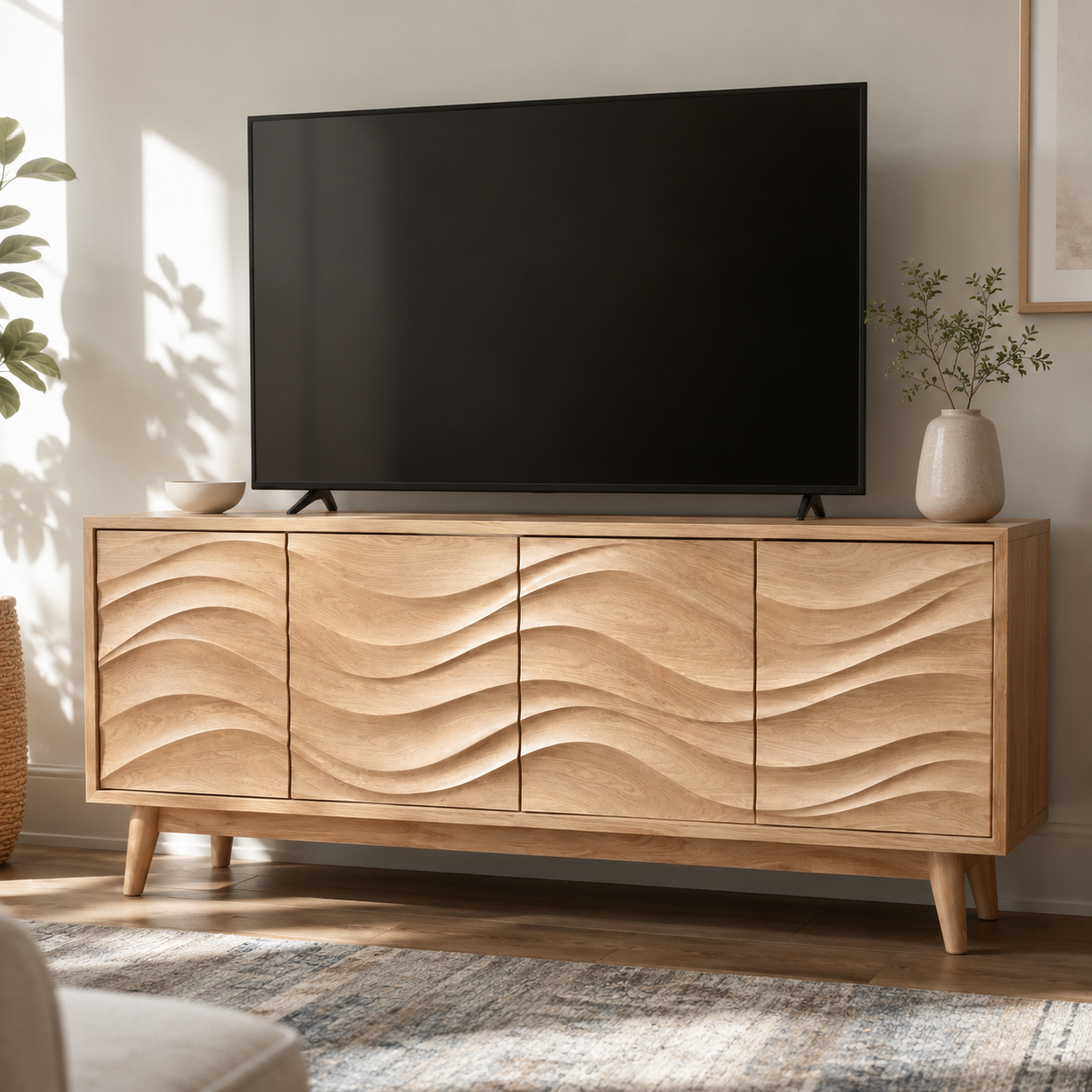 Corvane Sculpted Front Solid Wood TV Stand For Living Room