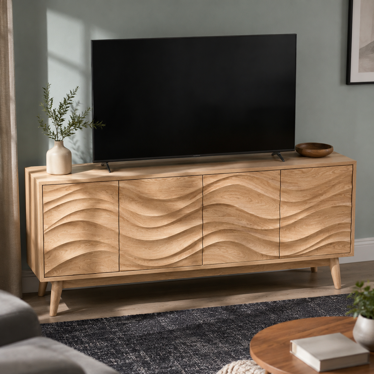Corvane Sculpted Front Solid Wood TV Stand For Living Room