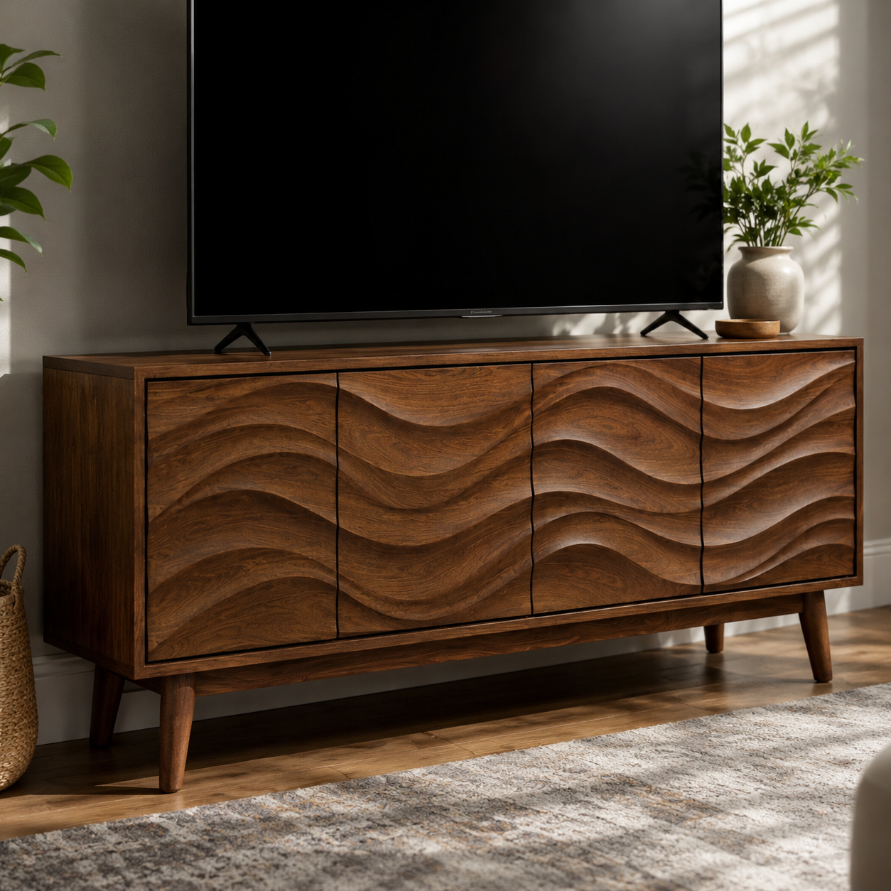 Corvane Sculpted Front Solid Wood TV Stand For Living Room