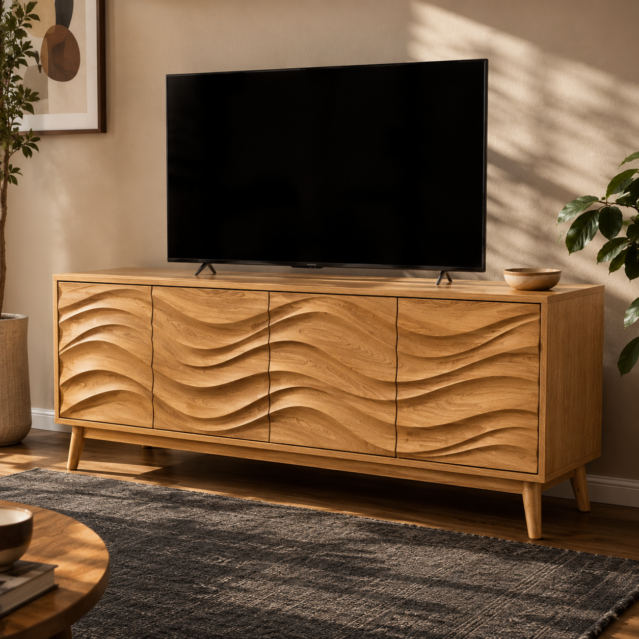 Corvane Sculpted Front Solid Wood TV Stand For Living Room