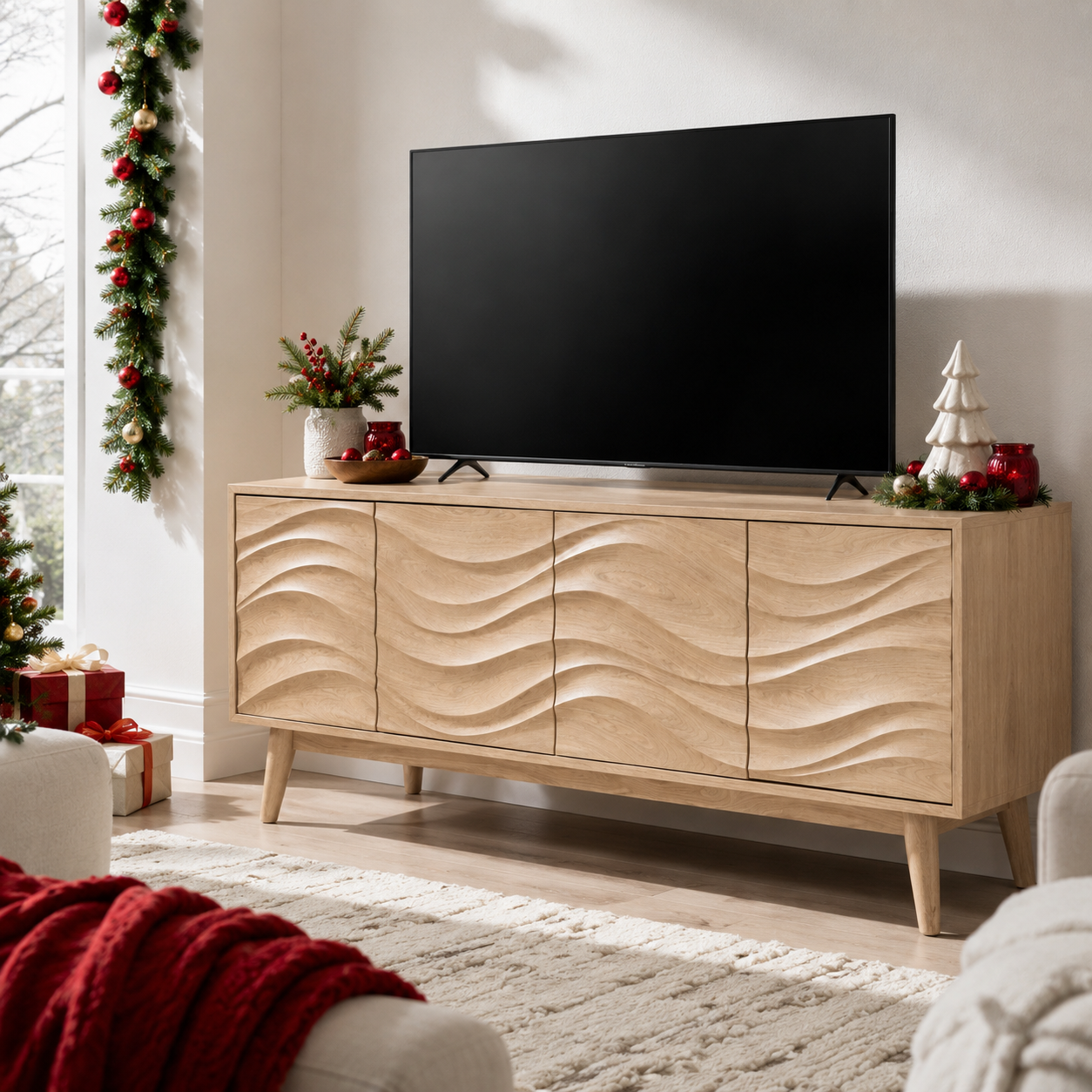 Corvane Sculpted Front Solid Wood TV Stand For Living Room
