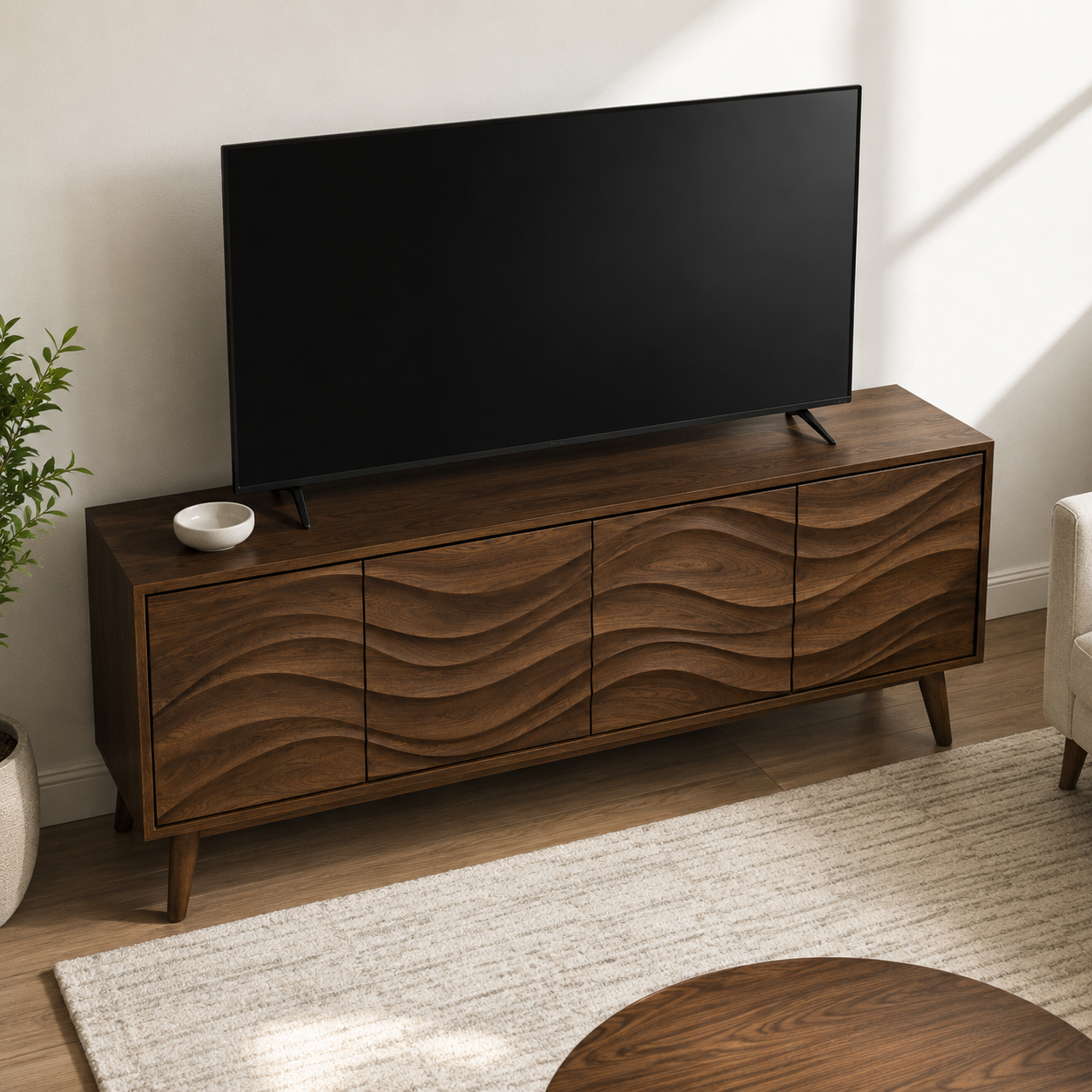 Corvane Sculpted Front Solid Wood TV Stand For Living Room