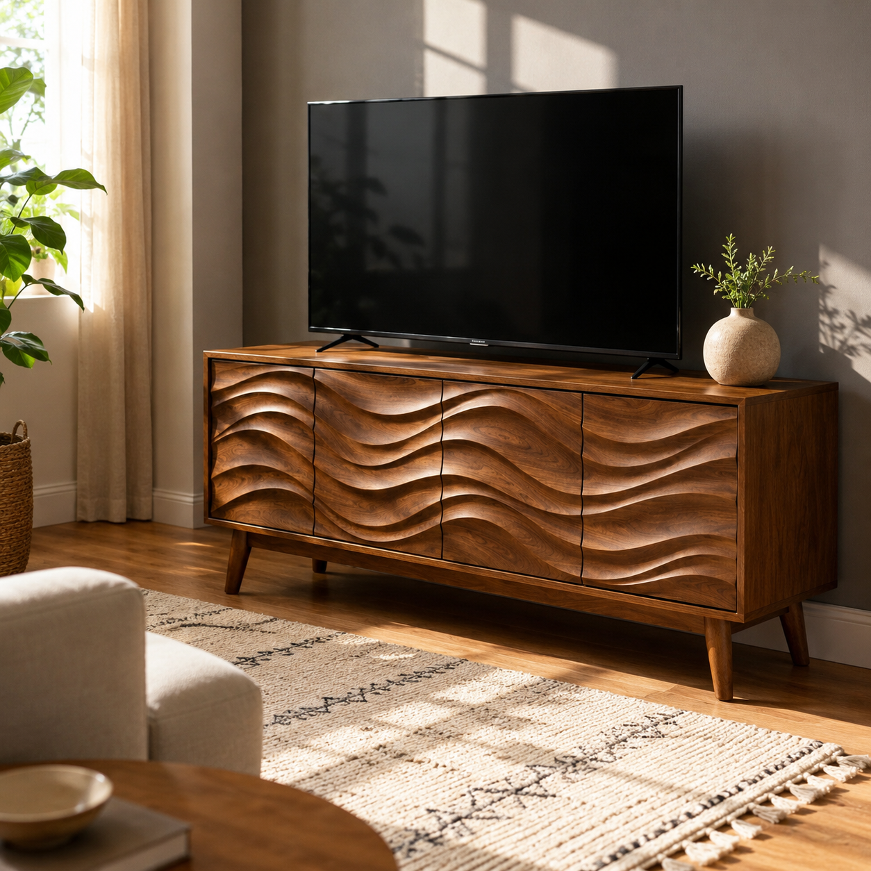 Corvane Sculpted Front Solid Wood TV Stand For Living Room