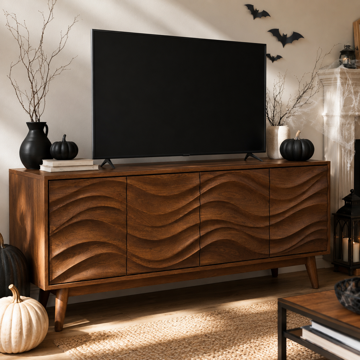 Corvane Sculpted Front Solid Wood TV Stand For Living Room