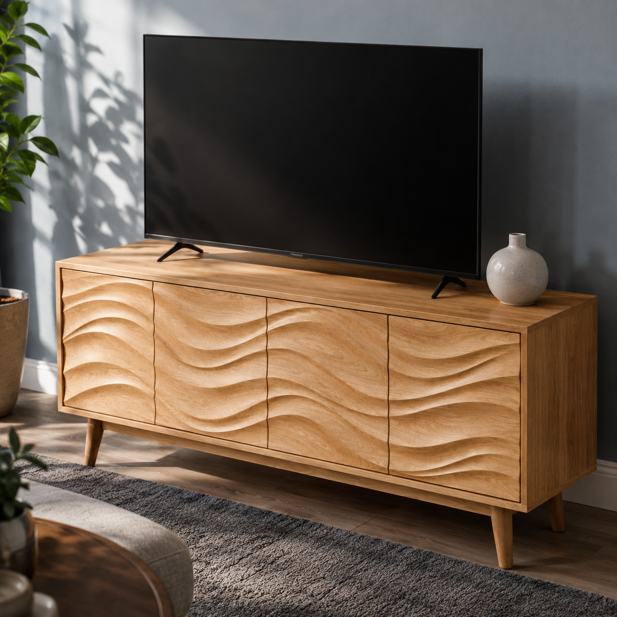 Corvane Sculpted Front Solid Wood TV Stand For Living Room
