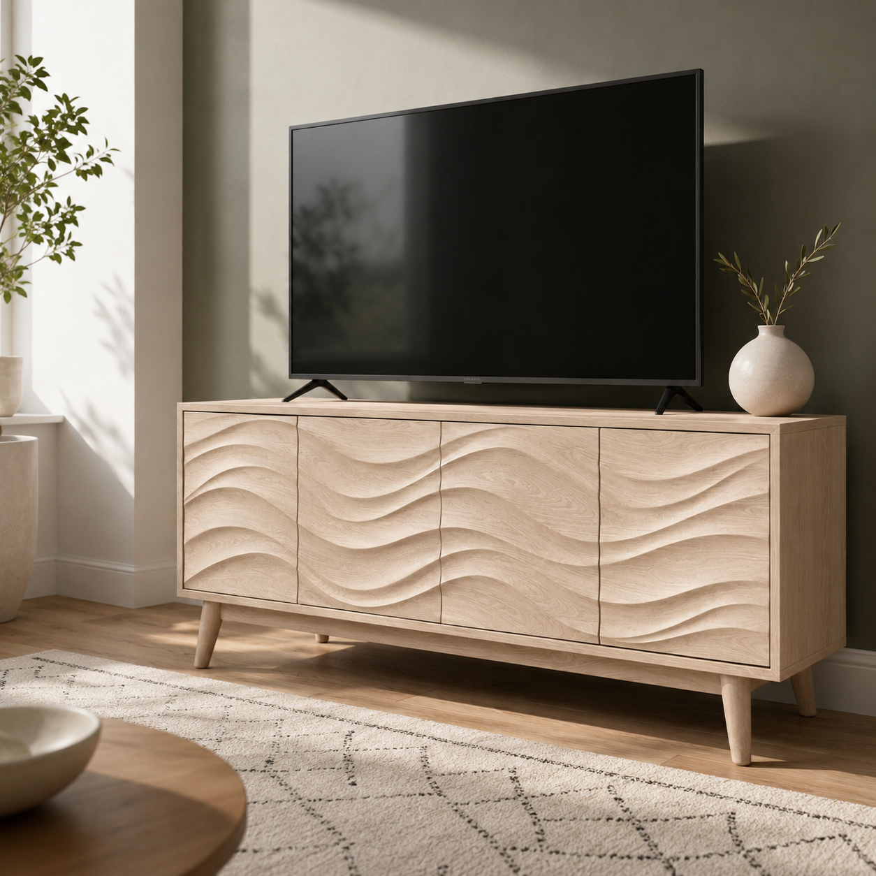 Corvane Sculpted Front Solid Wood TV Stand For Living Room