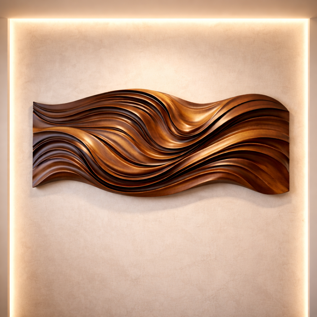 Handcrafted Solid Wood Wall Sculpture With Flowing Wave Relief