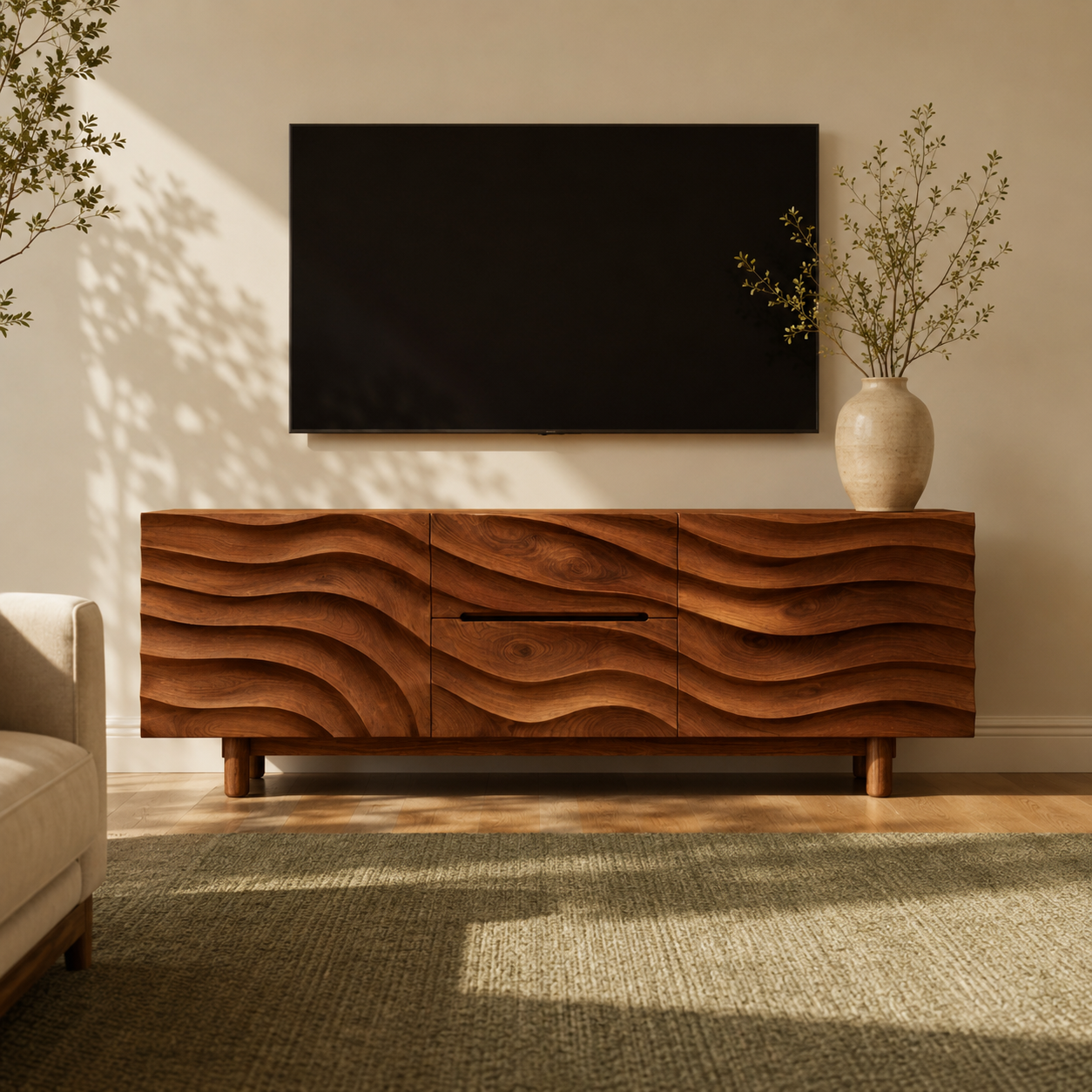 Ondara Wave Front Solid Wood TV Stand For Living Room