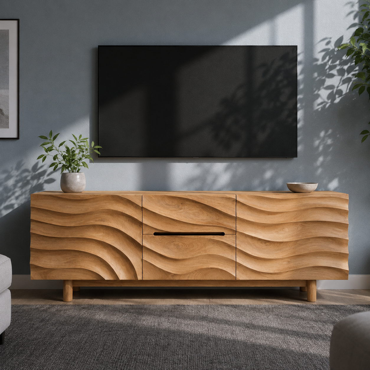 Ondara Wave Front Solid Wood TV Stand For Living Room