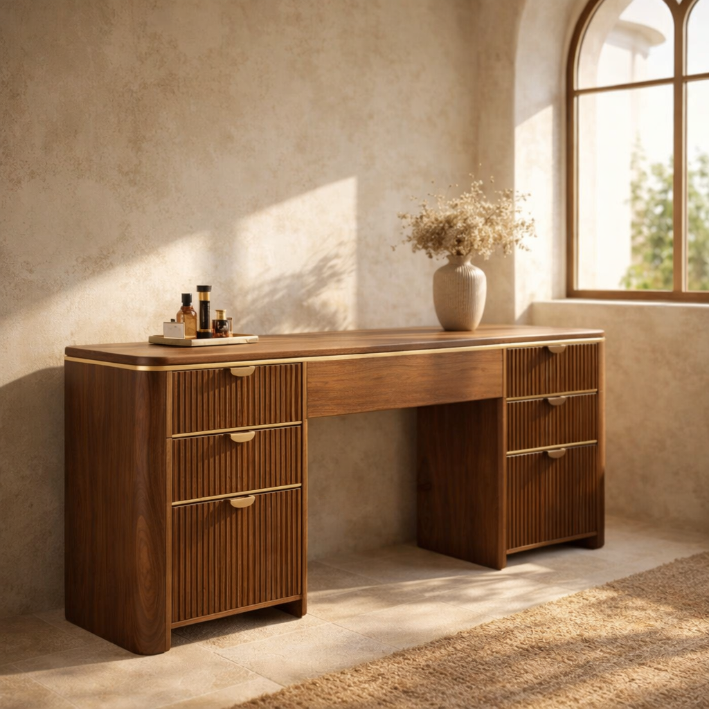 Handmade Wood Vanity Table With Fluted Drawers