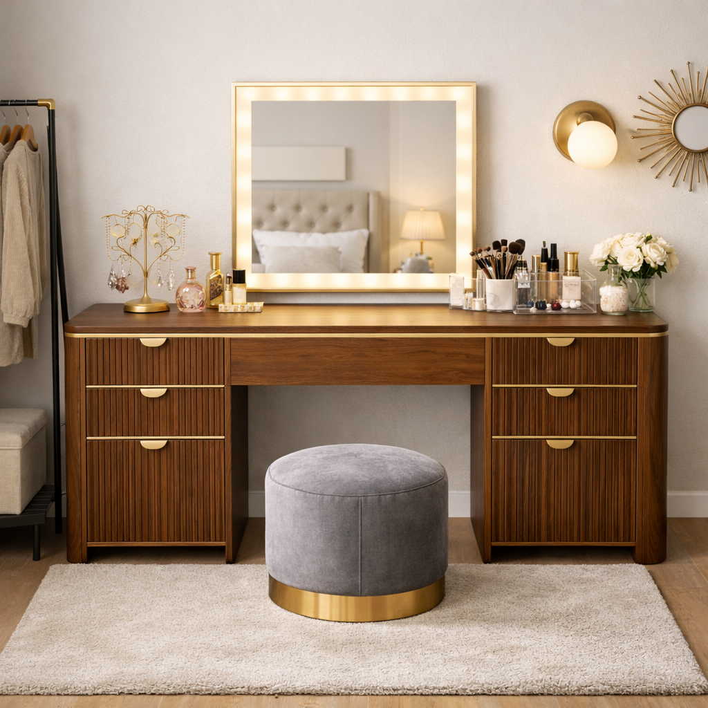 Flutella Fluted Drawer Solid Wood Vanity Table For Bedroom