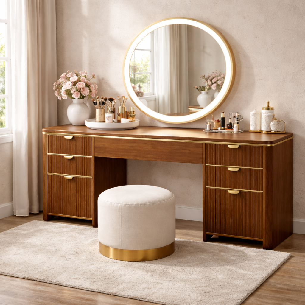 Flutella Fluted Drawer Solid Wood Vanity Table For Bedroom