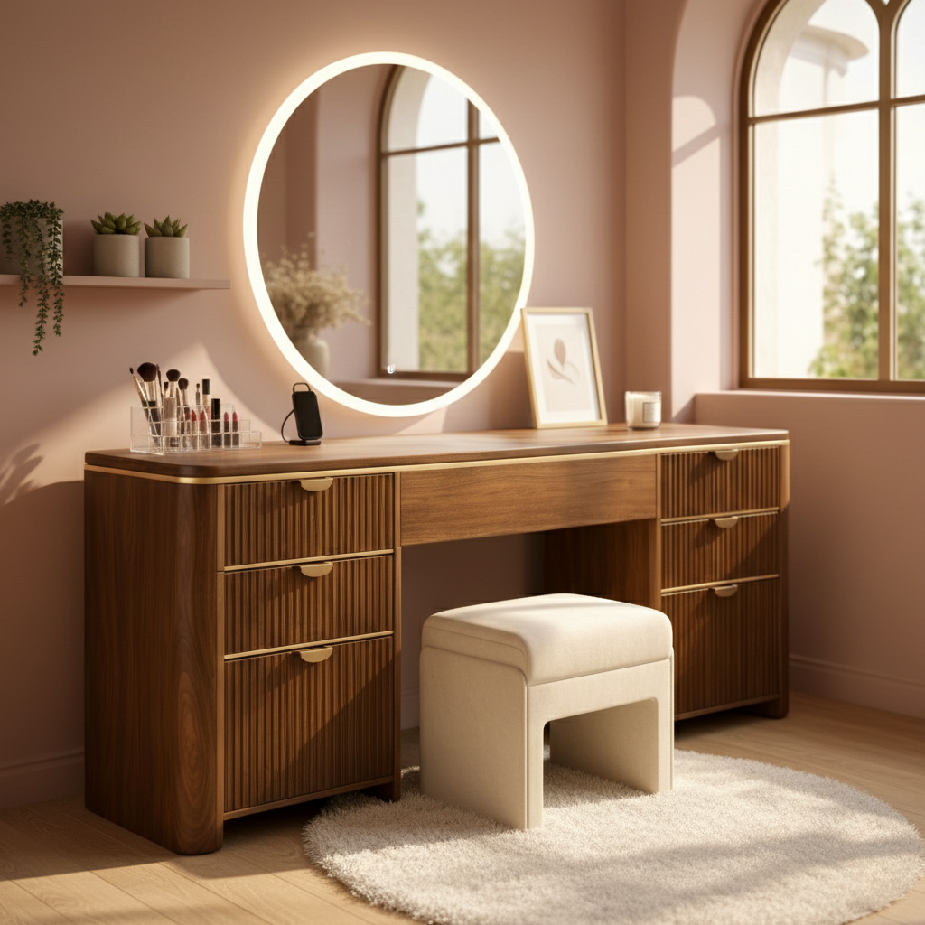 Flutella Fluted Drawer Solid Wood Vanity Table For Bedroom