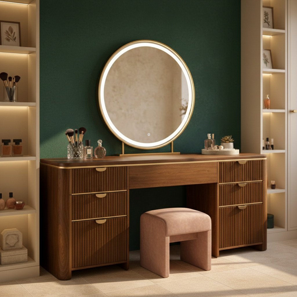 Flutella Fluted Drawer Solid Wood Vanity Table For Bedroom
