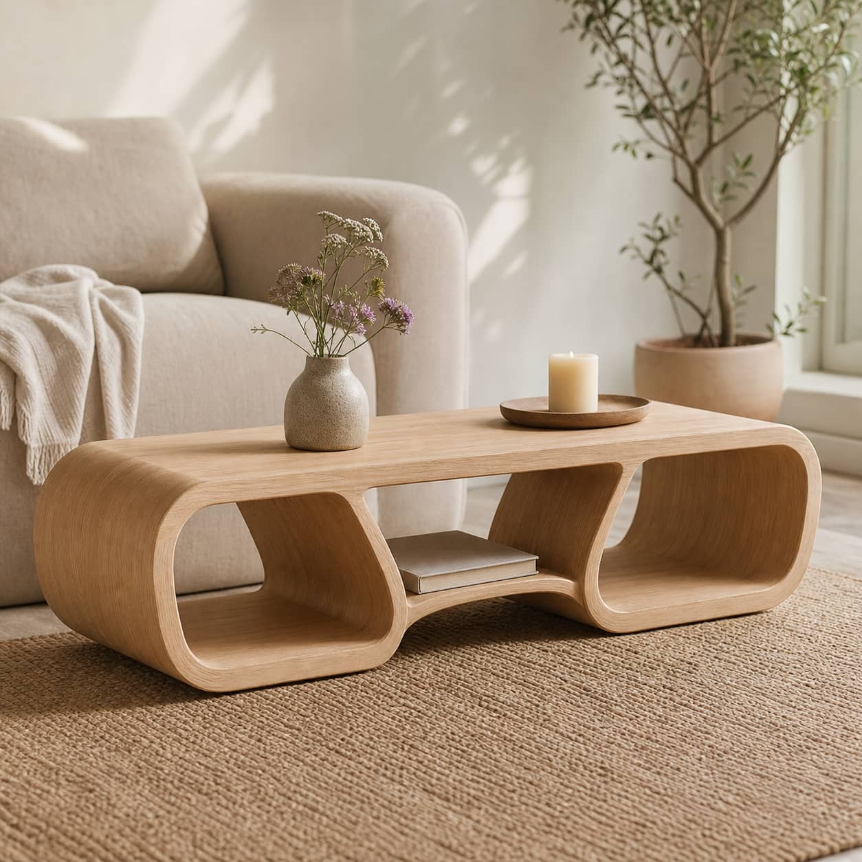 Irving Curved Solid Wood Coffee Table For Living Room