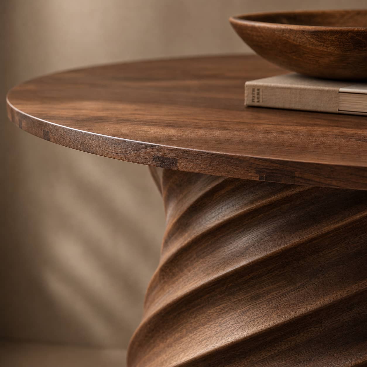 Jovian Twisted-Fluted Base Solid Wood Coffee Table For Living Room