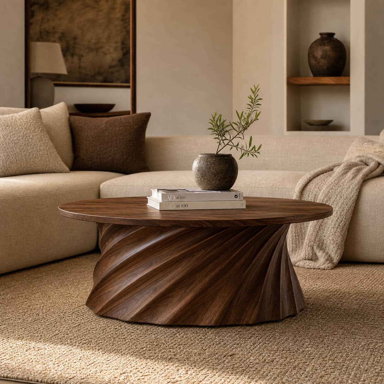 Jovian Twisted-Fluted Base Solid Wood Coffee Table For Living Room