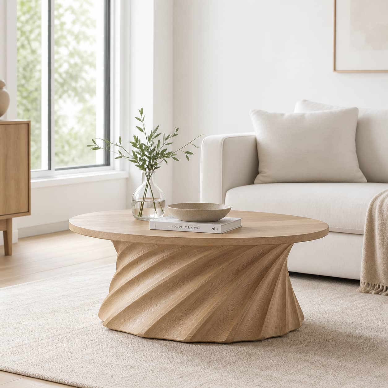 Jovian Twisted-Fluted Base Solid Wood Coffee Table For Living Room