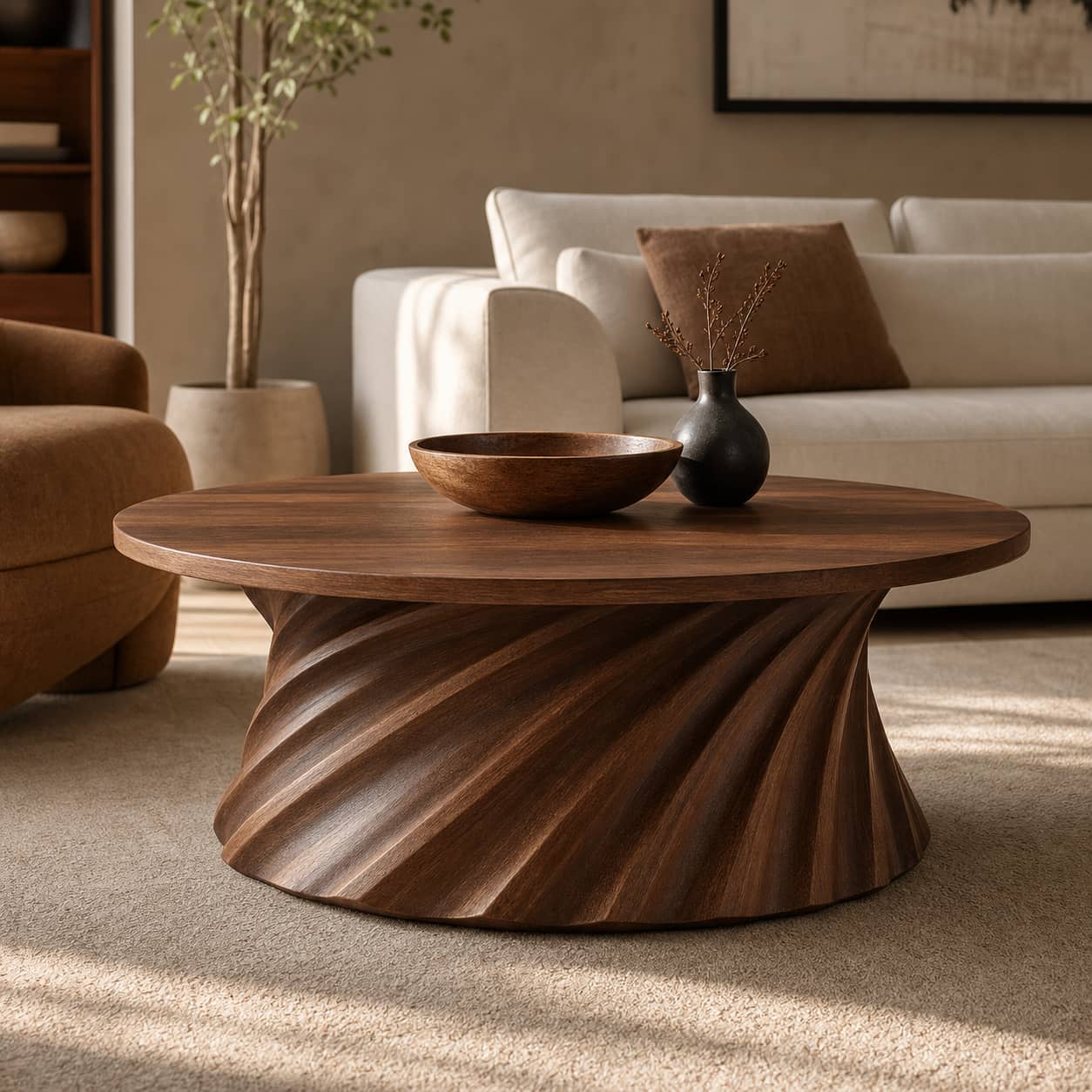 Jovian Twisted-Fluted Base Solid Wood Coffee Table For Living Room