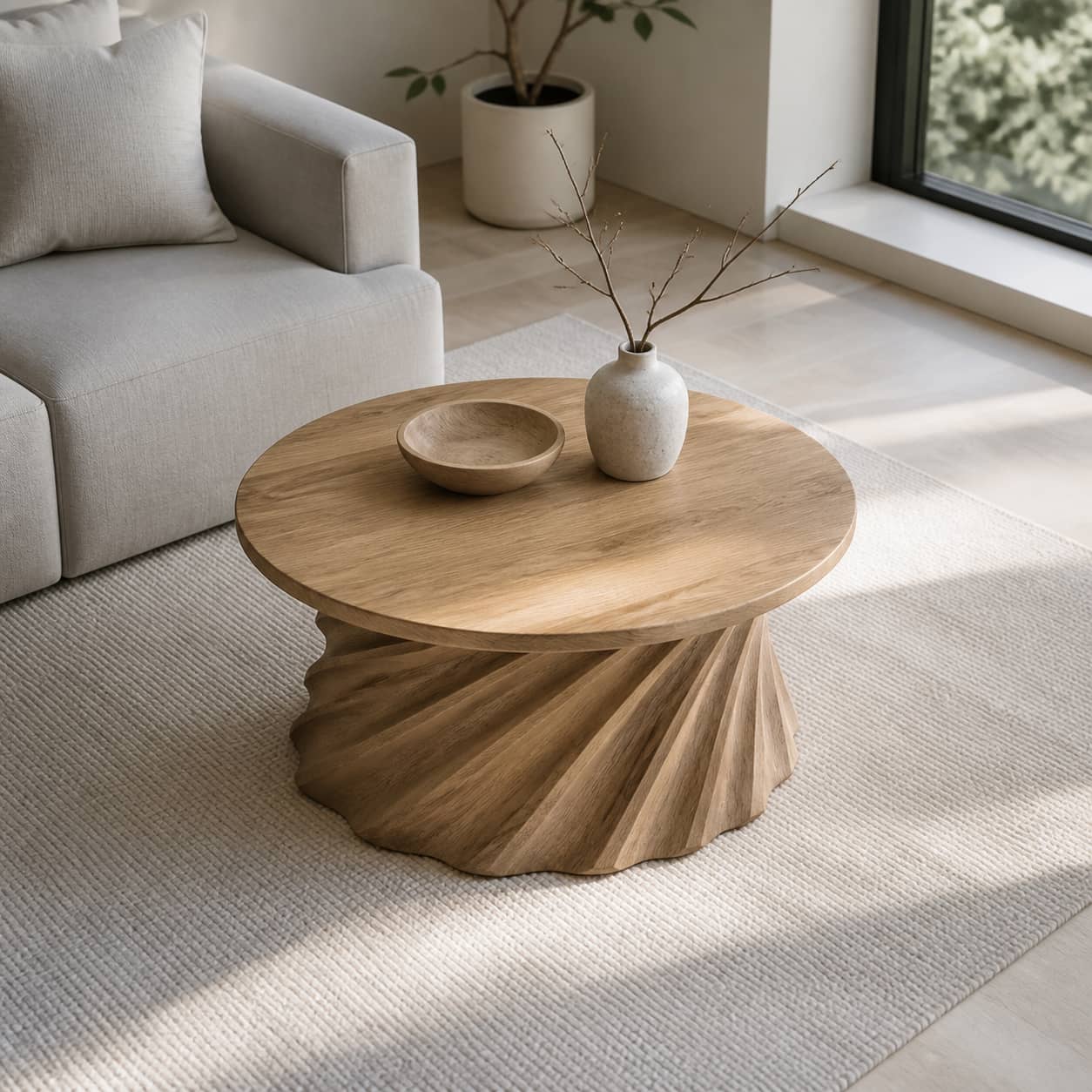 Jovian Twisted-Fluted Base Solid Wood Coffee Table For Living Room
