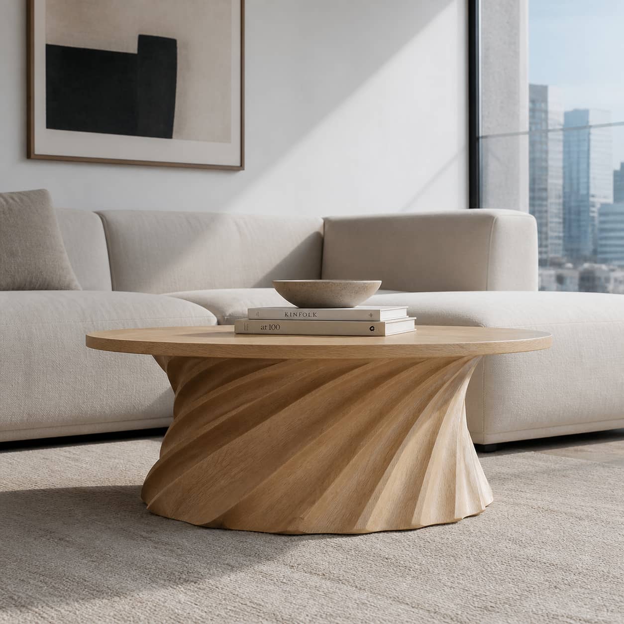 Jovian Twisted-Fluted Base Solid Wood Coffee Table For Living Room