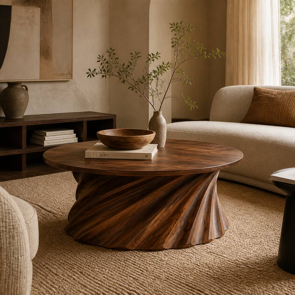 Jovian Twisted-Fluted Base Solid Wood Coffee Table For Living Room