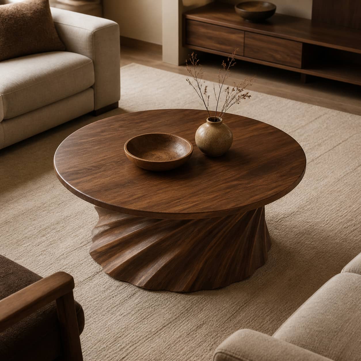 Jovian Twisted-Fluted Base Solid Wood Coffee Table For Living Room