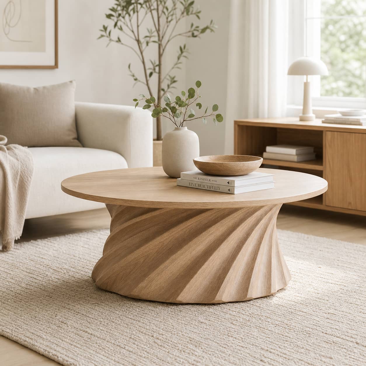 Jovian Twisted-Fluted Base Solid Wood Coffee Table For Living Room