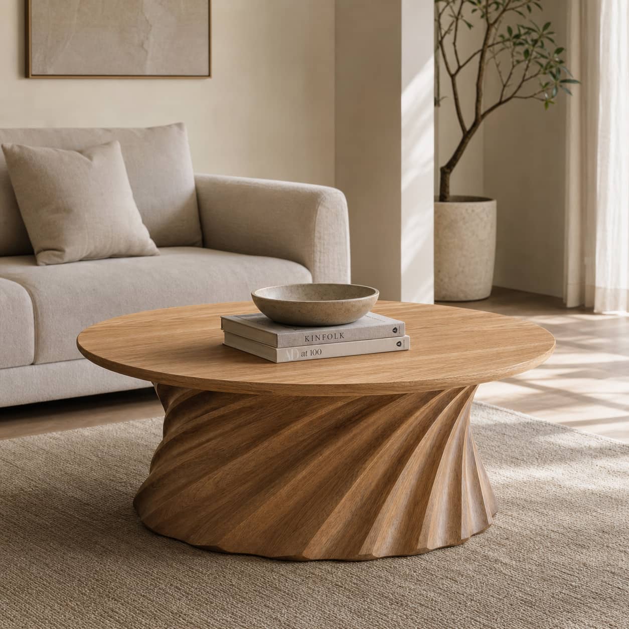 Jovian Twisted-Fluted Base Solid Wood Coffee Table For Living Room