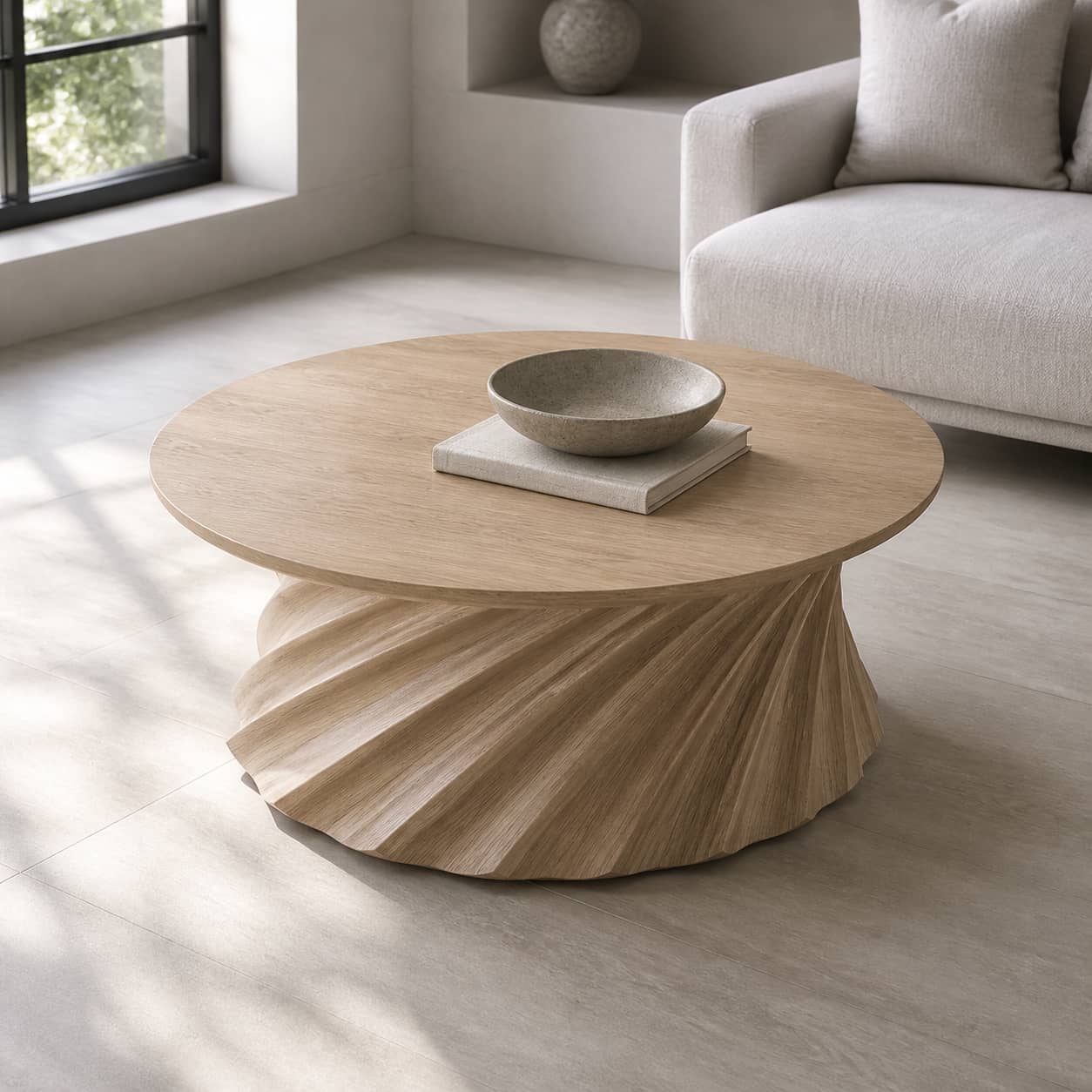 Jovian Twisted-Fluted Base Solid Wood Coffee Table For Living Room