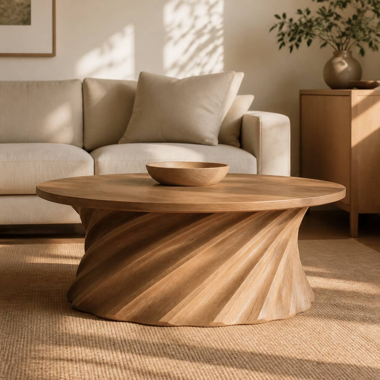 Jovian Twisted-Fluted Base Solid Wood Coffee Table For Living Room
