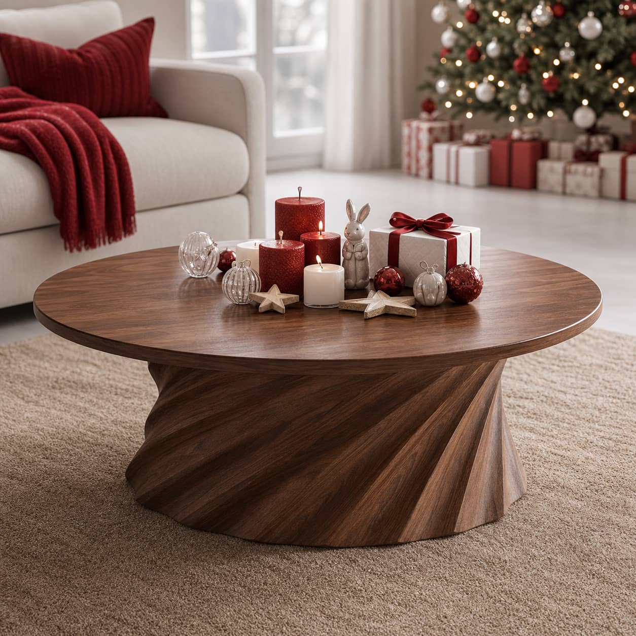 Jovian Twisted-Fluted Base Solid Wood Coffee Table For Living Room